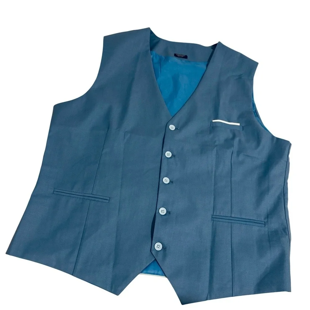Coofandy Suit Vest Mens Large Blue V-Neck 5-Button Adjustable Back Waistcoat